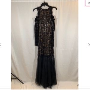 NEW Tadashi‎ Shoji Cold Shoulder Sequin Lace Tulle Gown Nude/Black [SZ 2 ]